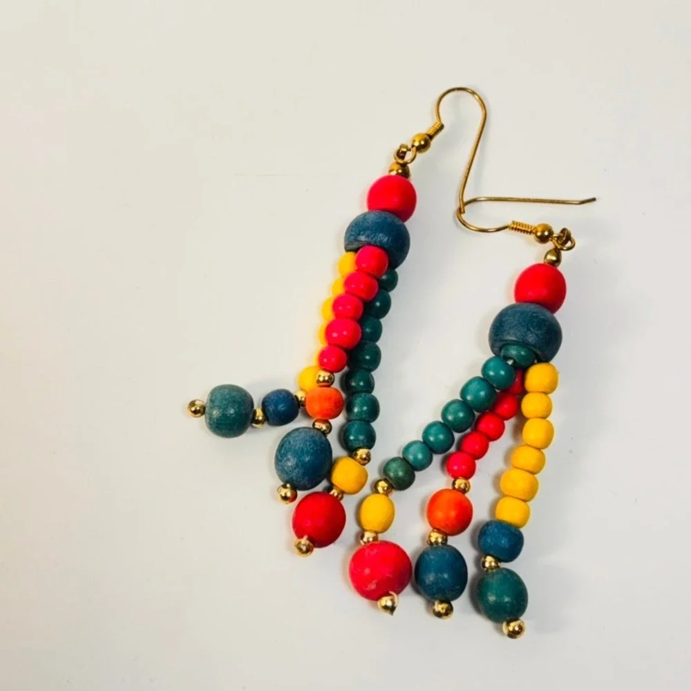 Vintage Beaded Drop Earrings Multi Color Wood Bead Boho Statement Dangle Jewelry